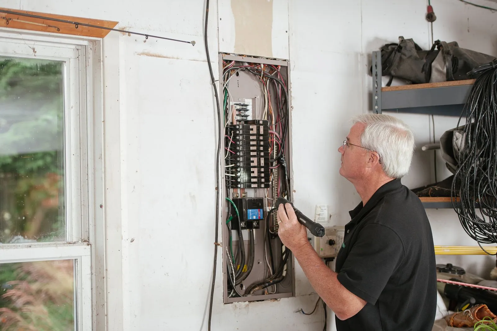 Un inspector con experiencia revisa un tablero eléctrico residencial abierto